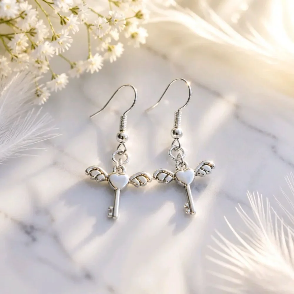 Handcrafted Angel Wings Heart Key Silver Alloy Earrings